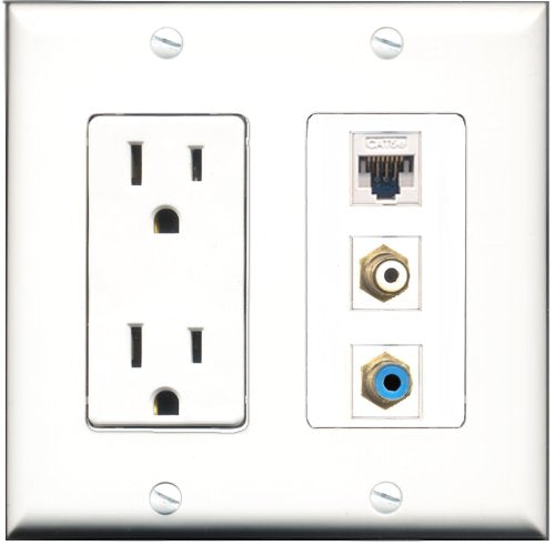 RiteAV - 15 Amp Power Outlet 1 Port RCA White 1 Port RCA Blue 1 Port Cat5e Ethernet White Decorative Wall Plate