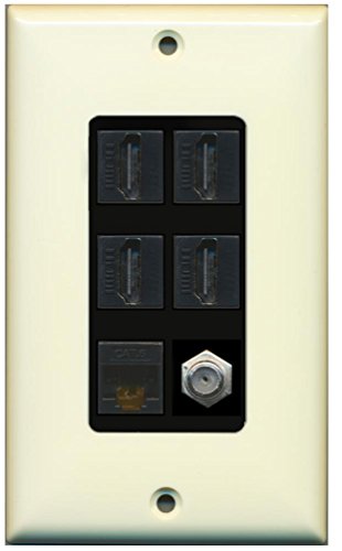 RiteAV - 4 Port HDMI 1 Coax Cable TV- F-Type 1 Cat6 Ethernet Wall Plate Decorative - Light Almond/Black