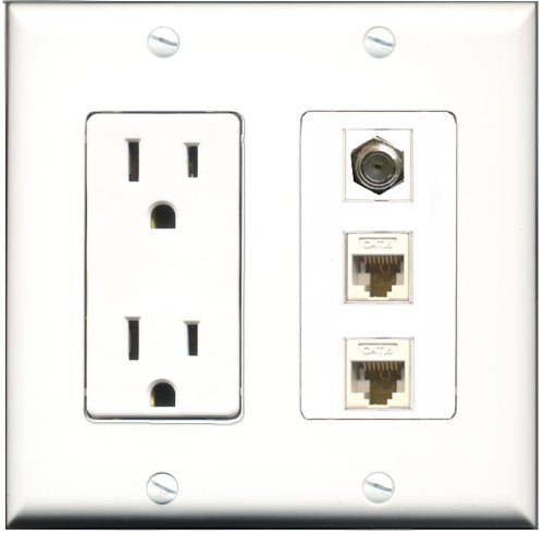 RiteAV - 15 Amp Power Outlet 1 Port Coax 2 Port Cat6 Ethernet Ethernet White Decorative Wall Plate