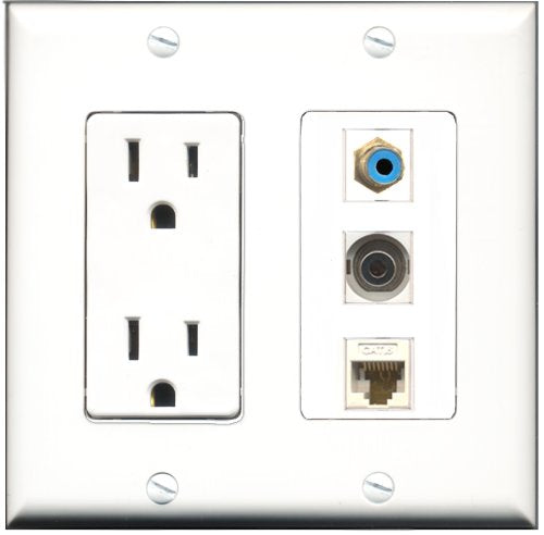 RiteAV - 15 Amp Power Outlet 1 Port RCA Blue 1 Port 3.5mm 1 Port Cat6 Ethernet Ethernet White Decorative Wall Plate