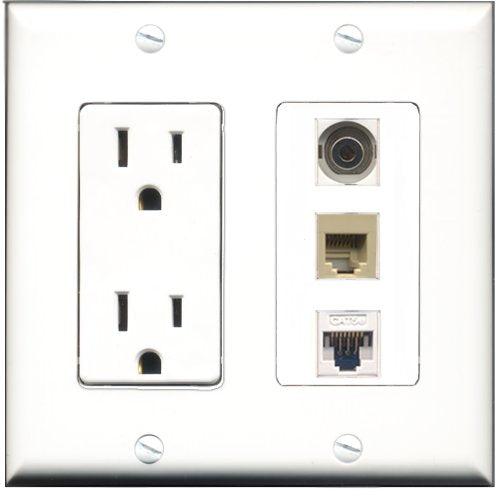 RiteAV - 15 Amp Power Outlet 1 Port Phone Beige 1 Port 3.5mm 1 Port Cat5e Ethernet White Decorative Wall Plate