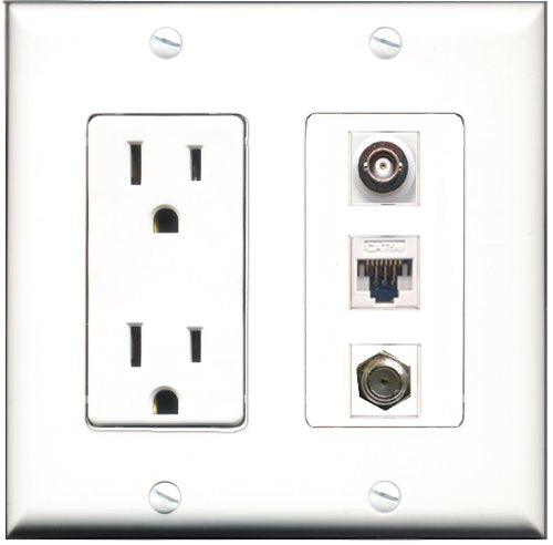 RiteAV - 15 Amp Power Outlet 1 Port Coax 1 Port BNC 1 Port Cat5e Ethernet White Decorative Wall Plate