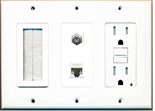 RiteAV - (3 Gang) 15A GFCI Outlet Mesh-Brush Coax Cat5e White Wall Plate White