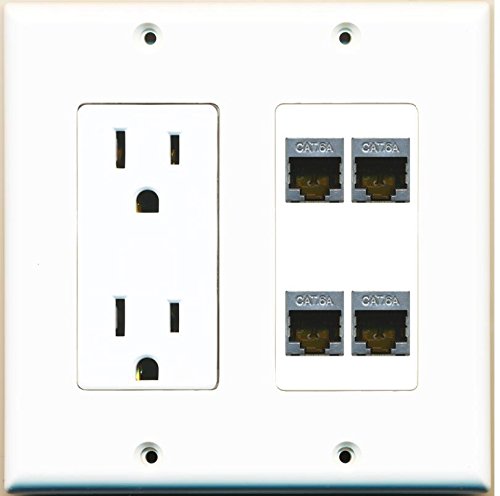 RiteAV - (2 Gang Decorative) 15A Power Outlet 4 Port Cat6a Ethernet Wall Plate White