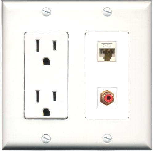 RiteAV - 15 Amp Power Outlet and 1 Port RCA Red and 1 Port Cat6 Ethernet White Decorative Type Wall Plate White