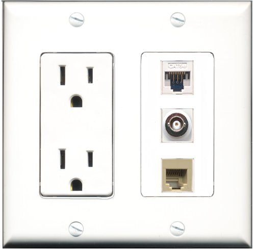 RiteAV - 15 Amp Power Outlet 1 Port Phone Beige 1 Port BNC 1 Port Cat5e Ethernet White Decorative Wall Plate