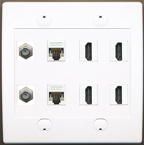 RiteAV 2 Port Coax Cable TV F-Type 2 Cat5e Ethernet and 4 HDMI Wall Plate