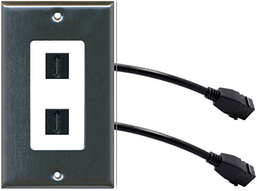 RiteAV (1 Gang Decorative) 2 HDMI Black Wall Plate w/ Pigtail Extension Cable Stainless Steel on White