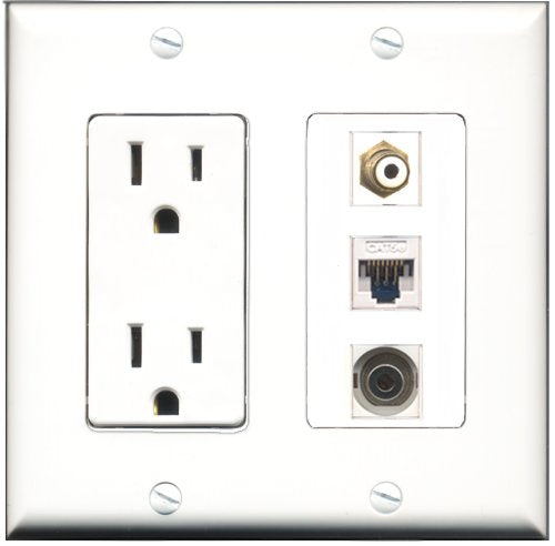 RiteAV - 15 Amp Power Outlet 1 Port RCA White 1 Port 3.5mm 1 Port Cat5e Ethernet White Decorative Wall Plate
