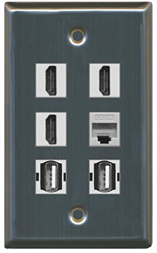 RiteAV - 3 HDMI 2 Port USB A-A 1 Port Cat5e Ethernet Wall Plate - Stainless Steel