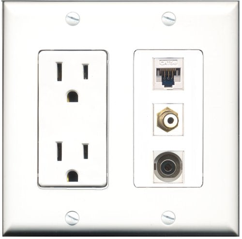 RiteAV - 15 Amp Power Outlet 1 Port RCA White 1 Port 3.5mm 1 Port Cat5e Ethernet White Decorative Wall Plate