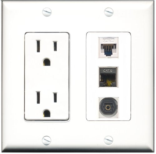 RiteAV - 15 Amp Power Outlet 1 Port Shielded Cat6 Ethernet Ethernet 1 Port Toslink 1 Port Cat5e Ethernet White Decorative Wall Plate