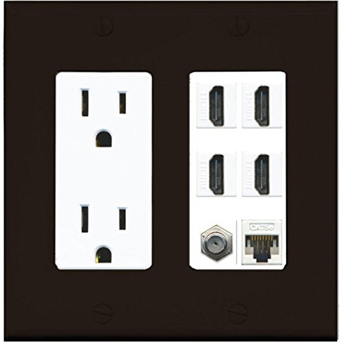 RiteAV 15A Power Outlet, 4 HDMI, 1 Cat5e Ethernet, 1 Coax Cable TV Wall Plate - Brown/White