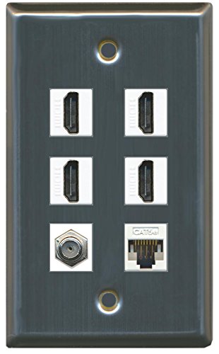 RiteAV (1 Gang Flat) 4 HDMI Coax Cat5e White Wall Plate Stainless Steel