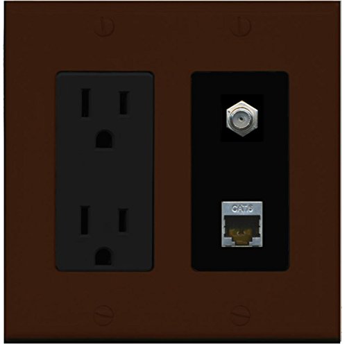 RiteAV - 15 Amp Power Outlet 1 Port Coax Cable TV- F-Type and Shielded Cat6 Ethernet Wall Plate - Brown/Black