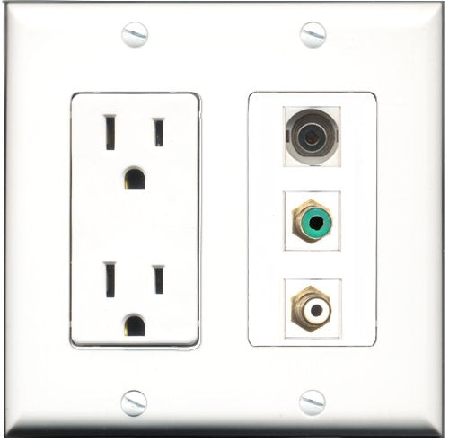 RiteAV - 15 Amp Power Outlet 1 Port RCA White 1 Port RCA Green 1 Port 3.5mm Decorative Wall Plate