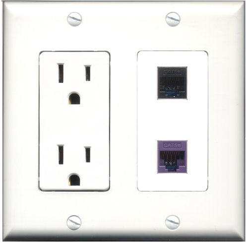 RiteAV - 15 Amp Power Outlet and 1 Port Cat5e Ethernet Black and 1 Port Cat5e Ethernet Purple Decorative Type Wall Plate White