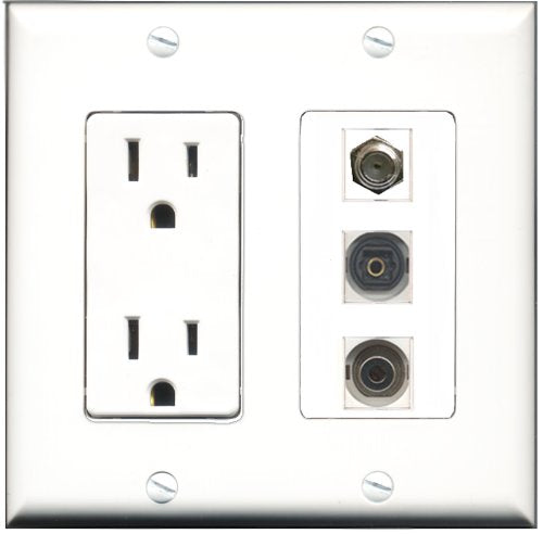 RiteAV - 15 Amp Power Outlet 1 Port Coax 1 Port Toslink 1 Port 3.5mm Decorative Wall Plate