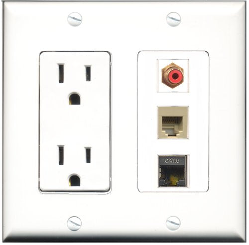 RiteAV - 15 Amp Power Outlet 1 Port RCA Red 1 Port Phone Beige 1 Port Shielded Cat6 Ethernet Ethernet Decorative Wall Plate