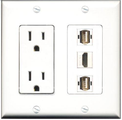 RiteAV - 15 Amp Power Outlet 1 Port HDMI 2 Port USB A-A Decorative Wall Plate