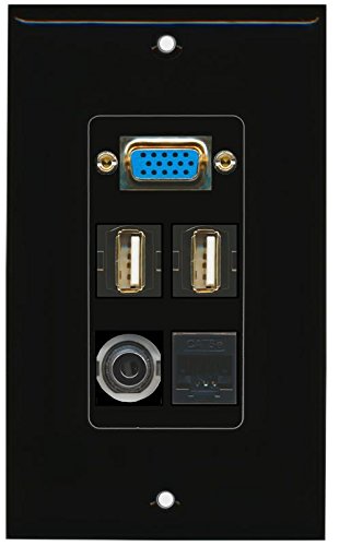 RiteAV (1 Gang Decorative) Svga 3.5mm 2 USB A-A Cat5e Wall Plate Black