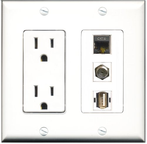 RiteAV - 15 Amp Power Outlet 1 Port Coax 1 Port USB A-A 1 Port Shielded Cat6 Ethernet Ethernet Decorative Wall Plate