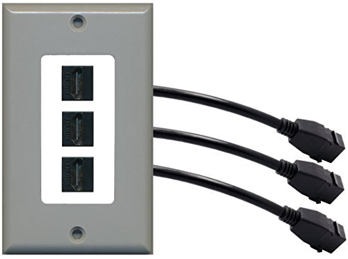 RiteAV (1 Gang Decorative) 3 HDMI Black Wall Plate w/ Pigtail Extension Cable Gray on White
