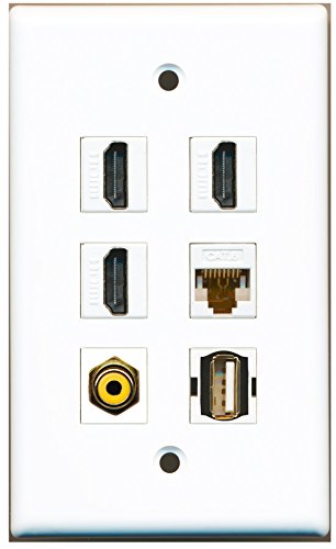 RiteAV - 3 HDMI 1 Port RCA Yellow 1 Port USB A-A 1 Port Cat6 Ethernet White Wall Plate