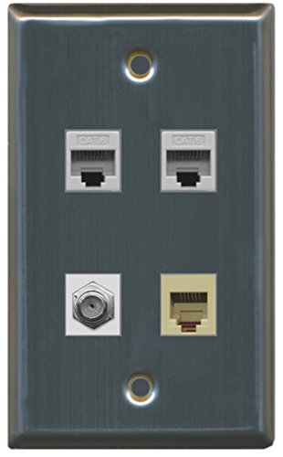 RiteAV 1 Port Coax Cable TV- F-Type and 1 Port Phone RJ11 RJ12 Beige 2 Port Cat6 Ethernet Wall Plate - Stainless Steel/Gray
