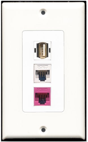 RiteAV - 1 Port USB A-A 1 Cat5e Ethernet White 1 Cat5e Ethernet Pink Wall Plate Decorative