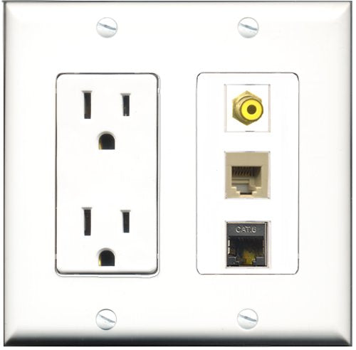 RiteAV - 15 Amp Power Outlet 1 Port RCA Yellow 1 Port Phone Beige 1 Port Shielded Cat6 Ethernet Ethernet Decorative Wall Plate