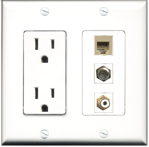 RiteAV - 15 Amp Power Outlet 1 Port RCA White 1 Port Coax 1 Port Phone Beige Decorative Wall Plate