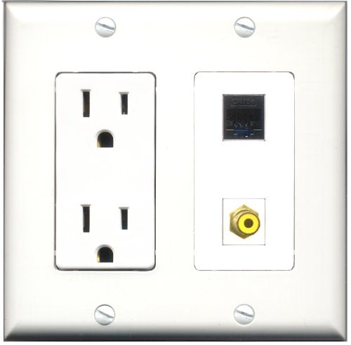 RiteAV - 15 Amp Power Outlet and 1 Port RCA Yellow and 1 Port Cat5e Ethernet Black Decorative Type Wall Plate White