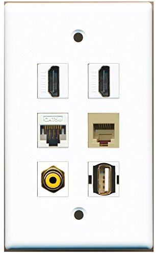 RiteAV - 2 HDMI 1 Port RCA Yellow 1 Port USB A-A 1 Port Phone RJ11 RJ12 Beige 1 Port Cat5e Ethernet White Wall Plate