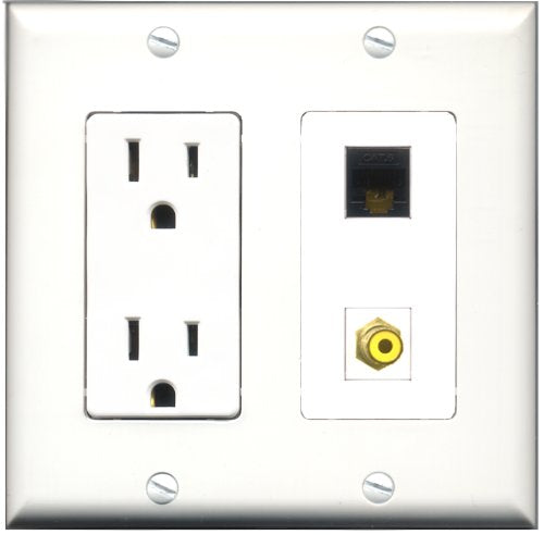 RiteAV - 15 Amp Power Outlet and 1 Port RCA Yellow and 1 Port Cat6 Ethernet Black Decorative Type Wall Plate White