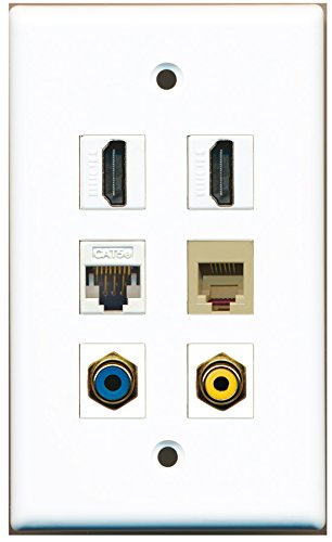 RiteAV - 2 HDMI 1 Port RCA Yellow 1 Port RCA Blue 1 Port Phone RJ11 RJ12 Beige 1 Port Cat5e Ethernet White Wall Plate