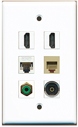 RiteAV - 2 HDMI 1 Port RCA Green 1 Port Phone RJ11 RJ12 Beige 1 Port Toslink 1 Port Cat5e Ethernet White Wall Plate