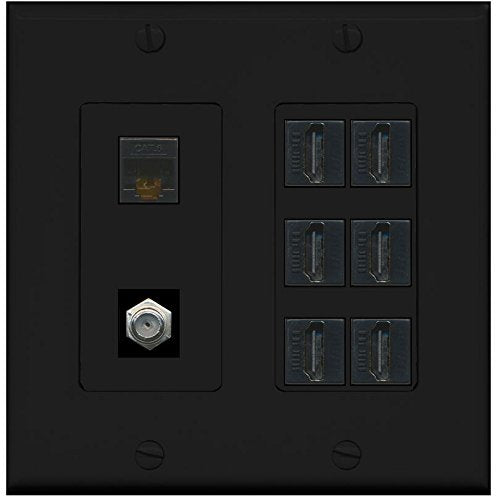 RiteAV - (2 Gang Decorative) 6 HDMI Black Coax Cat6 Wall Plate Black