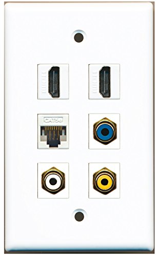 RiteAV - 2 HDMI 1 Port RCA White 1 Port RCA Yellow 1 Port RCA Blue 1 Port Cat5e Ethernet White Wall Plate