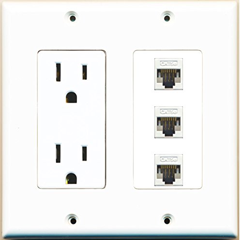 RiteAV (2 Gang Decorative) 15A Power Outlet 3 Cat5e White Wall Plate White