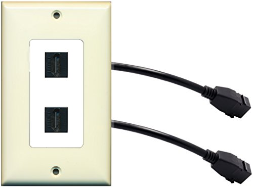 RiteAV (1 Gang Decorative) 2 HDMI Black Wall Plate w/ Pigtail Extension Cable Light Almond on White