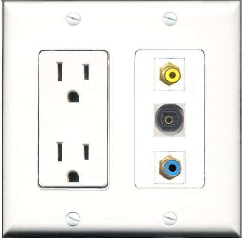 RiteAV - 15 Amp Power Outlet 1 Port RCA Yellow 1 Port RCA Blue 1 Port Toslink Decorative Wall Plate