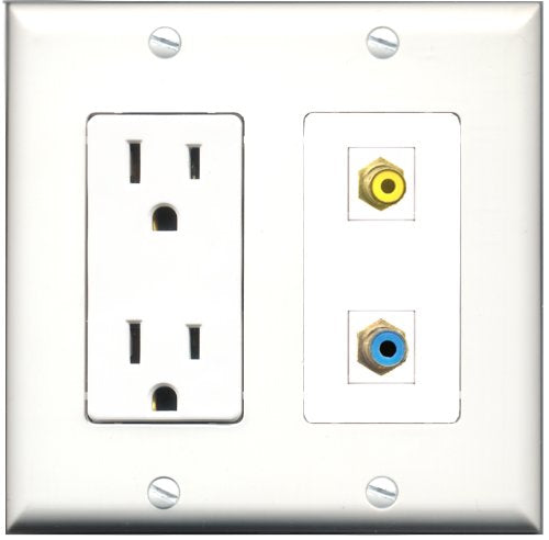 RiteAV - 15 Amp Power Outlet and 1 Port RCA Yellow and 1 Port RCA Blue Decorative Type Wall Plate White