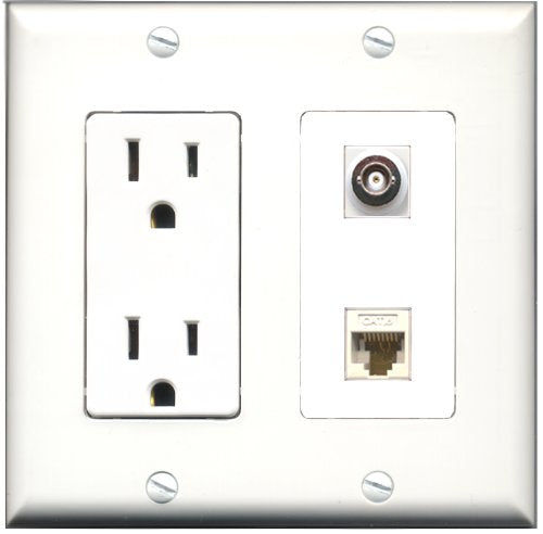 RiteAV - 15 Amp Power Outlet and 1 Port BNC and 1 Port Cat6 Ethernet White Decorative Type Wall Plate White