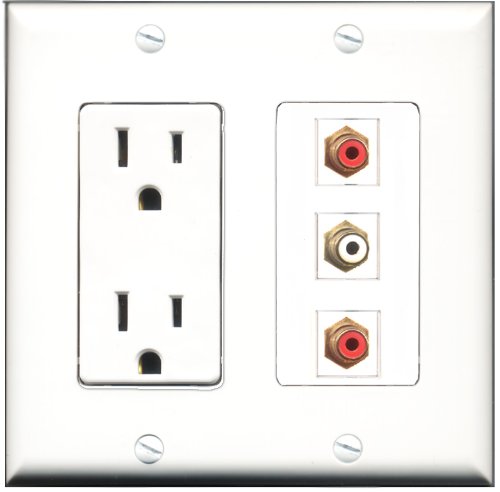 RiteAV - 15 Amp Power Outlet 2 Port RCA Red 1 Port RCA White Decorative Wall Plate