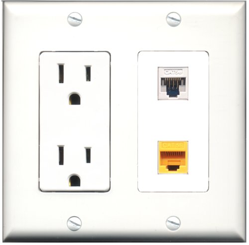 RiteAV - 15 Amp Power Outlet and 1 Port Cat5e Ethernet White and 1 Port Cat5e Ethernet Yellow Decorative Type Wall Plate White