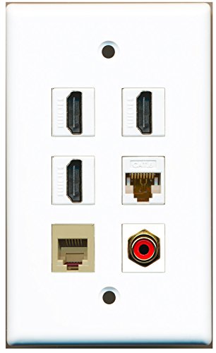RiteAV - 3 HDMI 1 Port RCA Red 1 Port Phone RJ11 RJ12 Beige 1 Port Cat6 Ethernet White Wall Plate