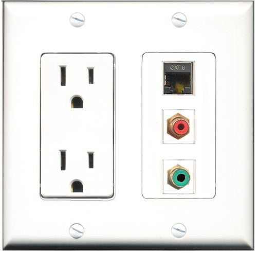 RiteAV - 15 Amp Power Outlet 1 Port RCA Red 1 Port RCA Green 1 Port Shielded Cat6 Ethernet Ethernet Decorative Wall Plate