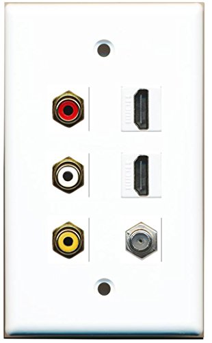 RiteAV - 3 x RCA - 2 X HDMI and 1 x Coax Cable TV Port Wall Plate - White