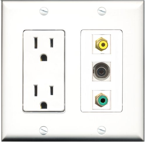 RiteAV - 15 Amp Power Outlet 1 Port RCA Yellow 1 Port RCA Green 1 Port 3.5mm Decorative Wall Plate